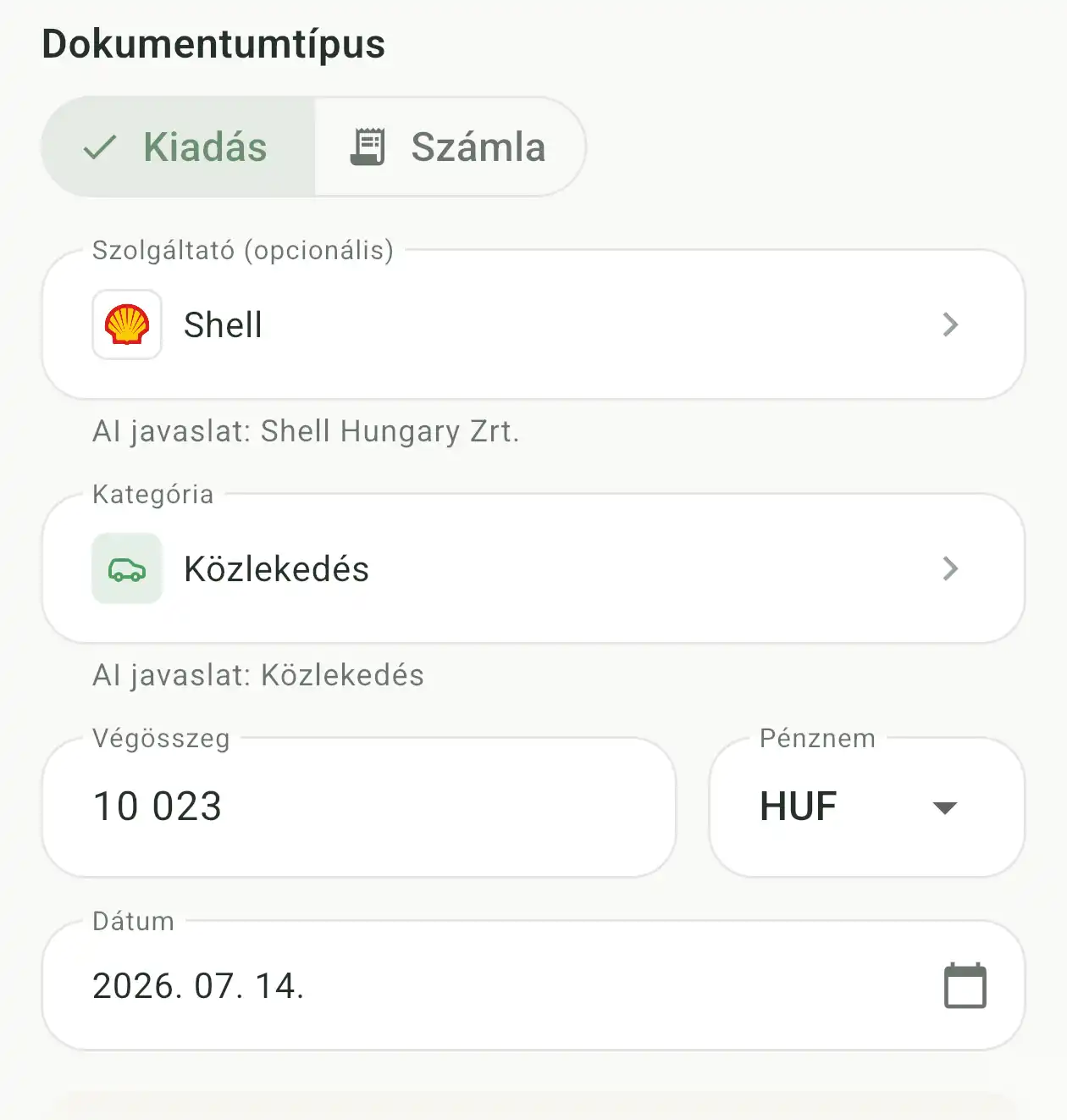 Felismerési eredmény a SajátKassza alkalmazásban