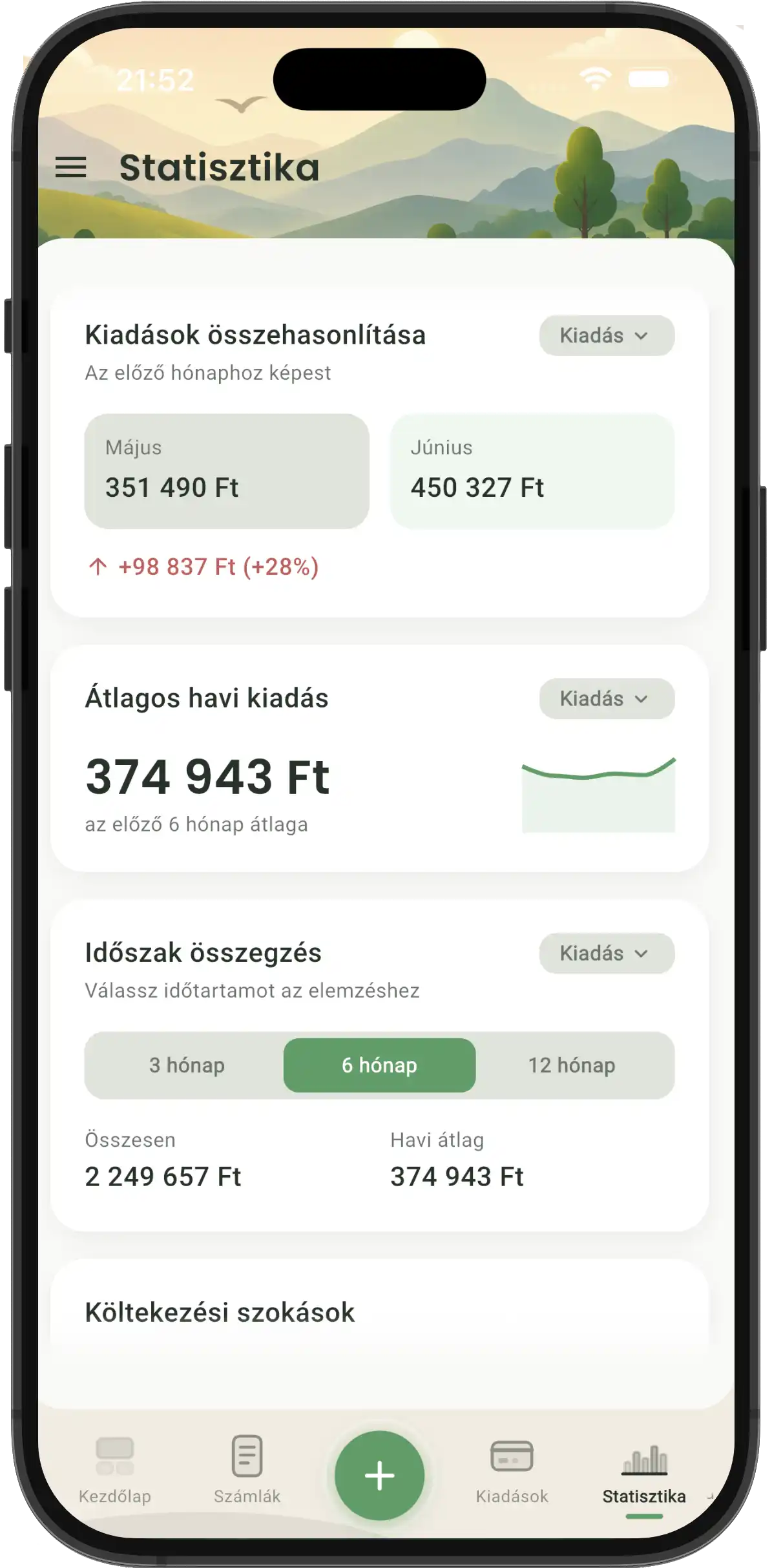 Statisztika nézet a SajátKassza alkalmazásban